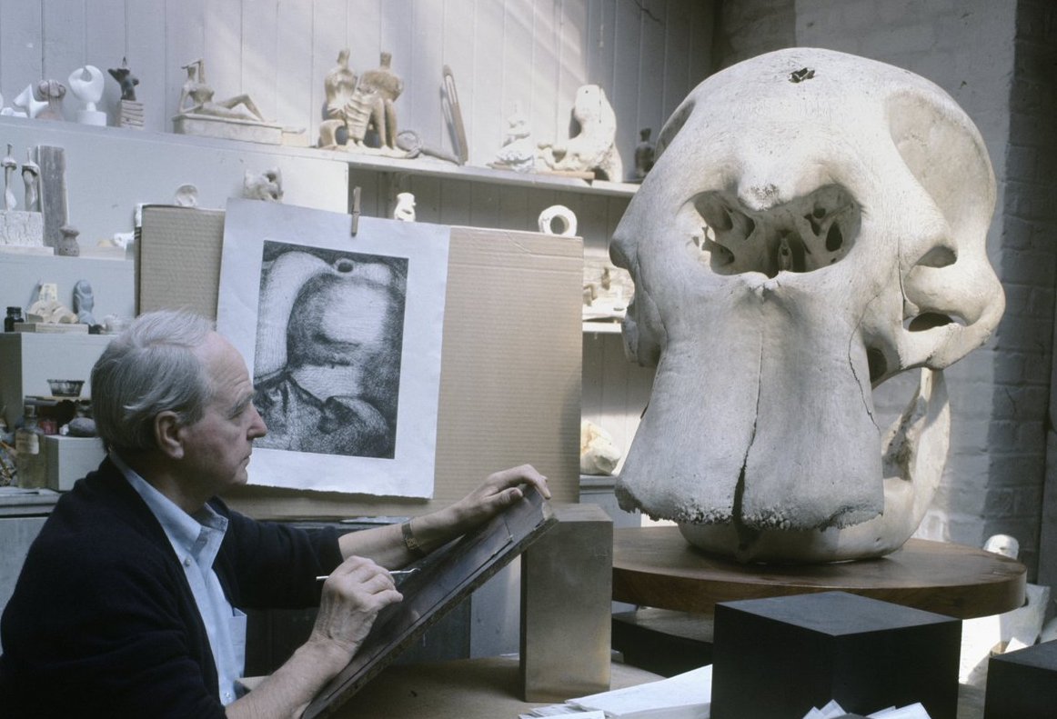 Henry Moore and his beloved elephant skull.